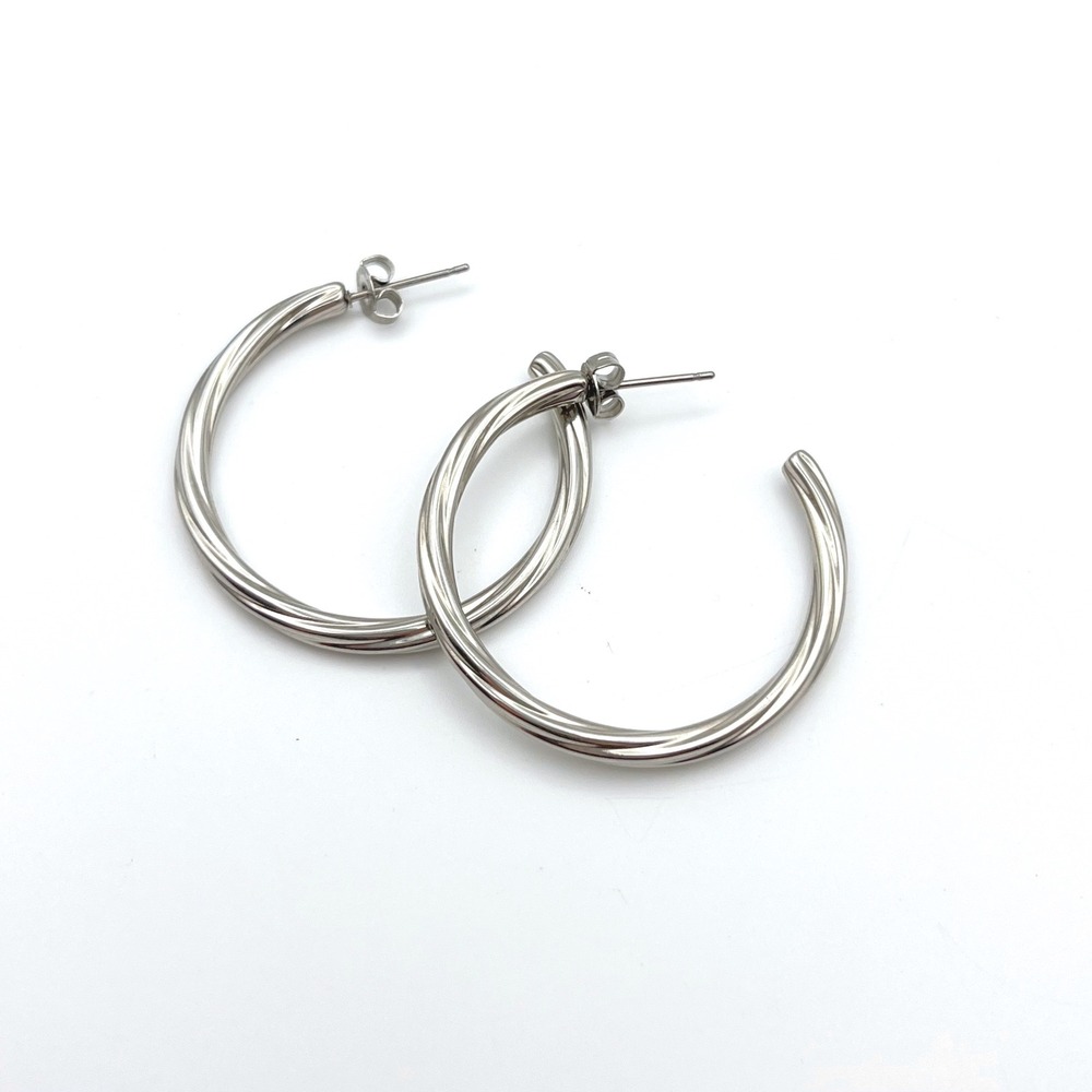 Silver Tone Twisted Hoop‎ Earrings Medium 1.5 Inch Spiral Polished Post Back